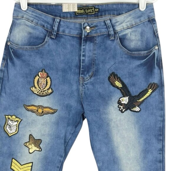 Rebel Love Women's Patch Mid Wash Blue Skinny Stretch Jeans Size 15/16 NWT - Picture 3 of 12